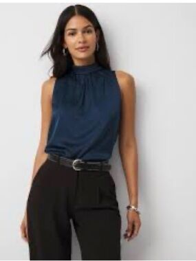 White House Black Market Sleeveless Scarf-Neck Satin Top in Royal Blue